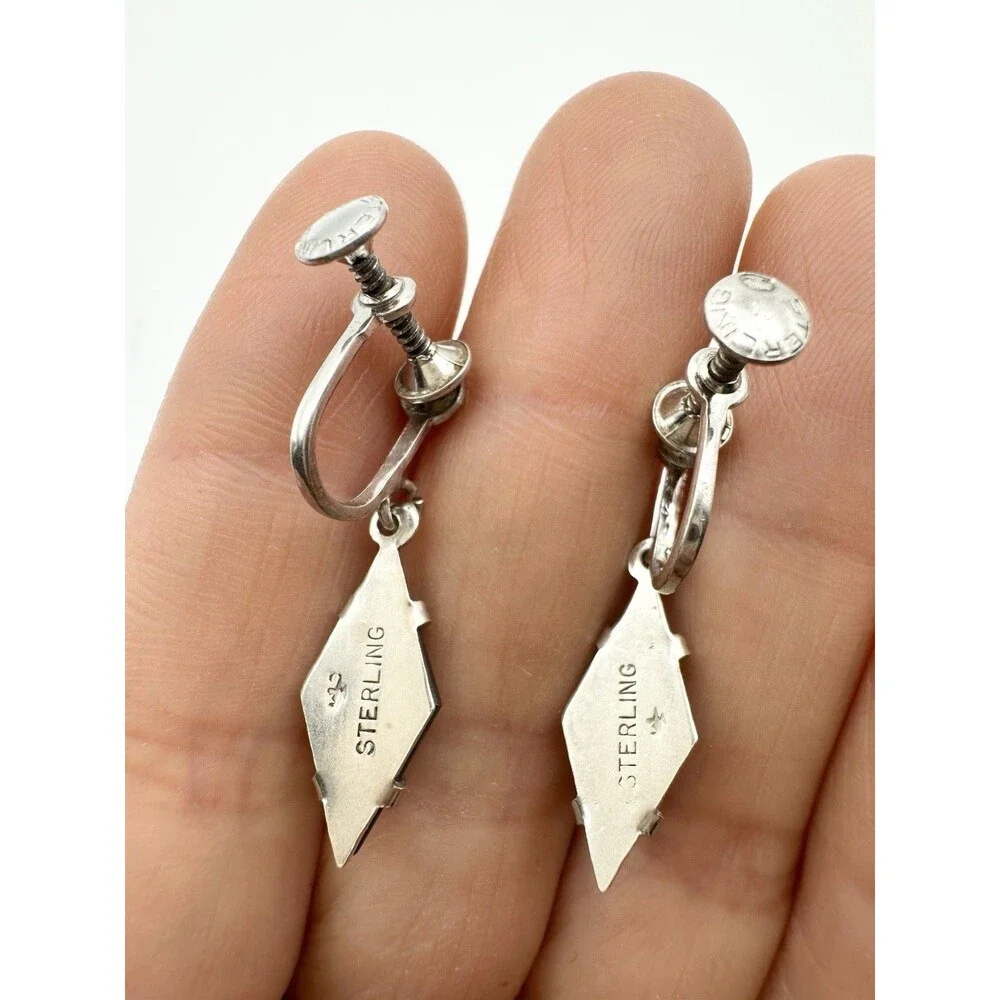 Vintage Sterling Silver Hematite Earrings Diamond Shape Screw Back
